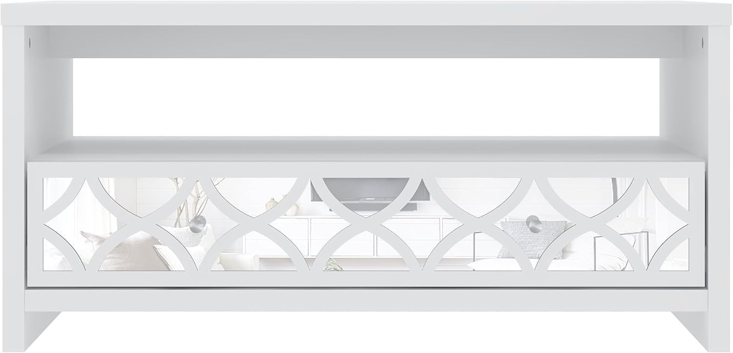 Modern Mirrored Coffee Table with Drawer – Space-Saving White Storage