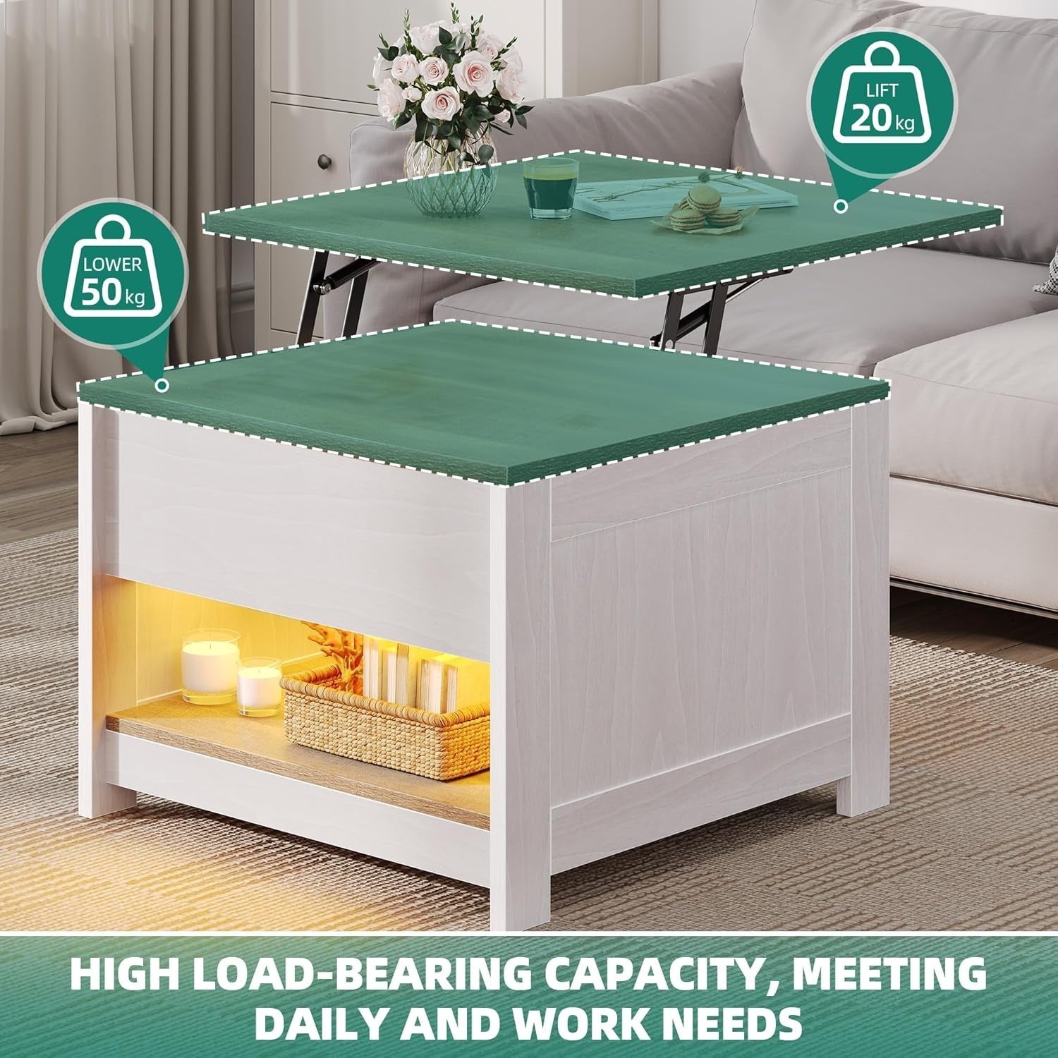 Lift Top Modern Rustic Coffee Table with Storage & LED Lights 60x60cm