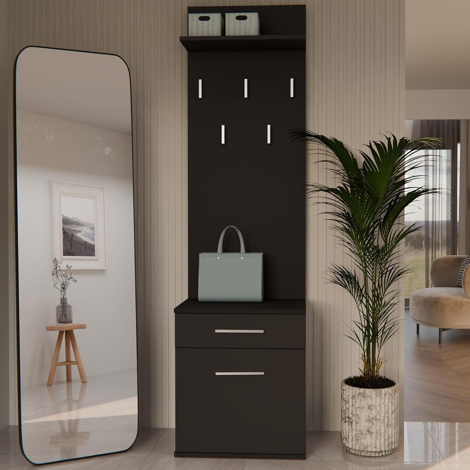 Modern Black Double Wardrobe with Drawers, Hooks & Shoe Storage 180cm