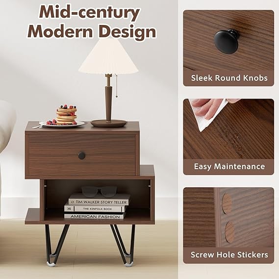 Modern Walnut Bedside Tables Set of 2, Wood Nightstands with Drawer & Shelf