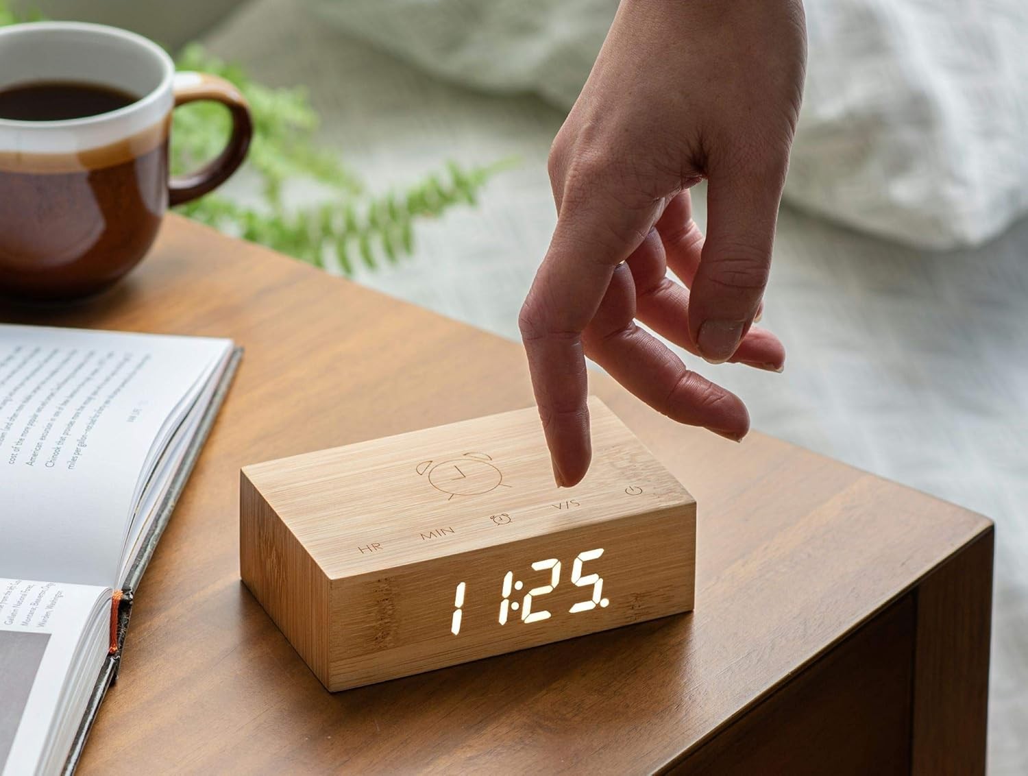 Brown Wood Digital Alarm Clock LED Display Touch Control Minimalist