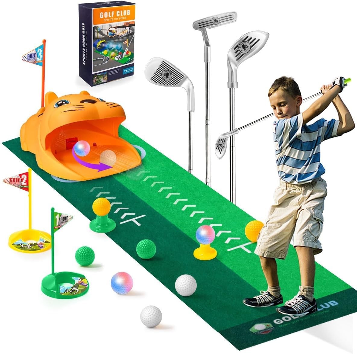 Kids Golf Training Set with Auto Ball Return LED Practice Mat & Clubs