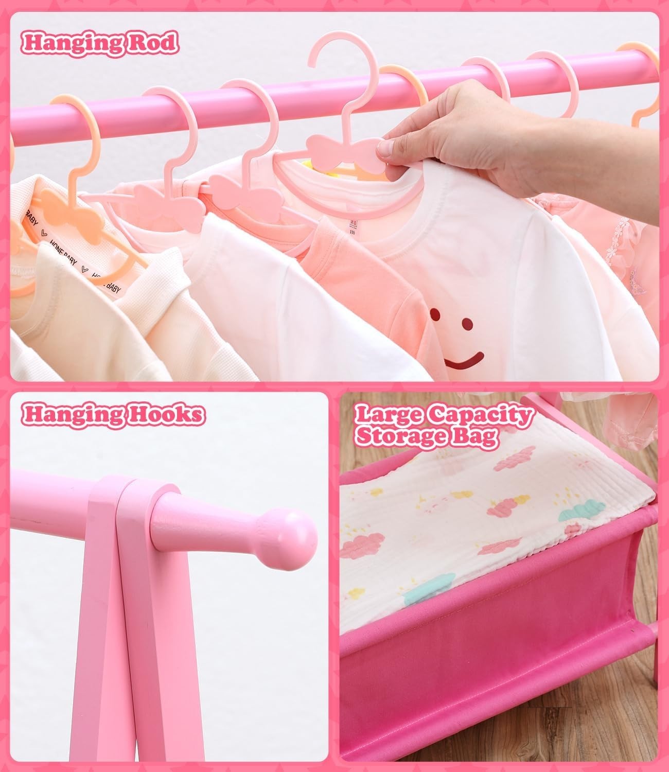 Pink Bamboo Kids Clothes Rack Dress Up Storage Stand