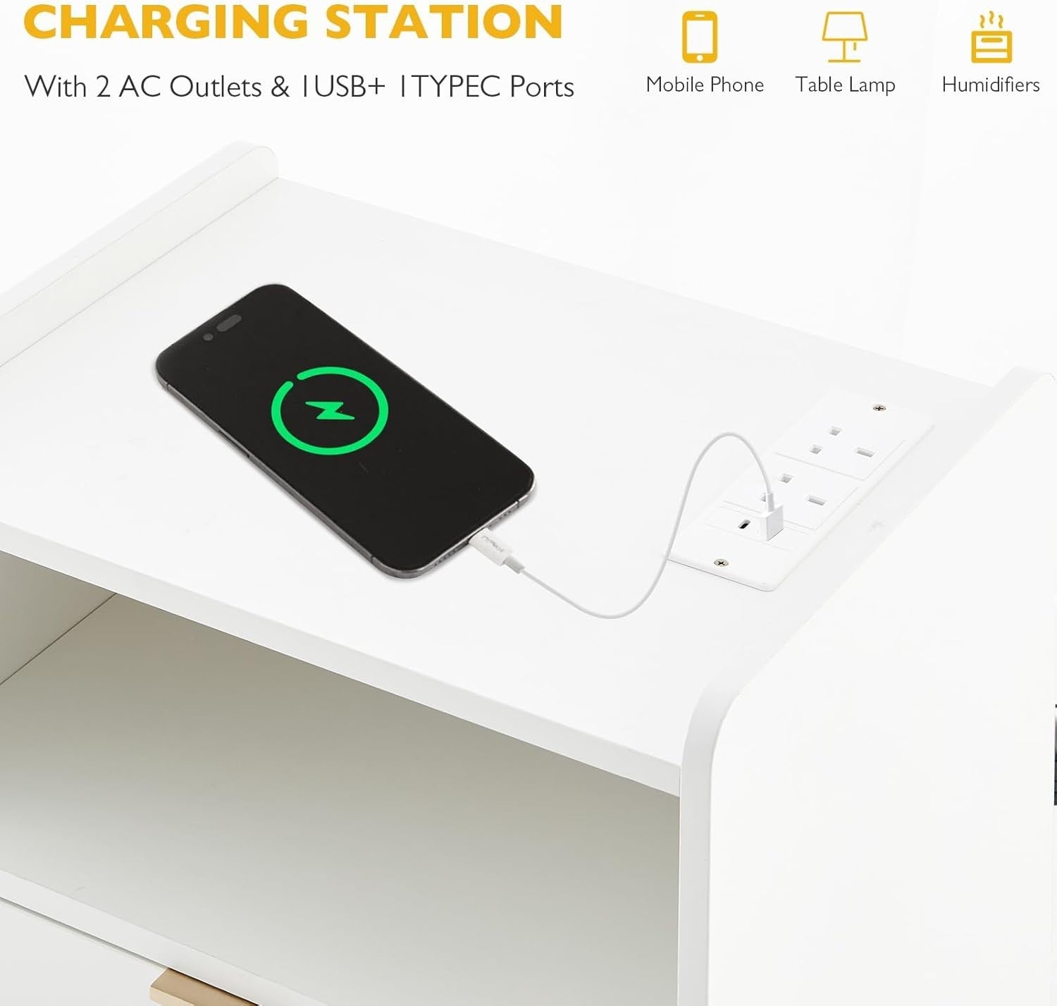 Modern White Bedside Table with LED Lights & USB Charging Ports, 2 Drawers