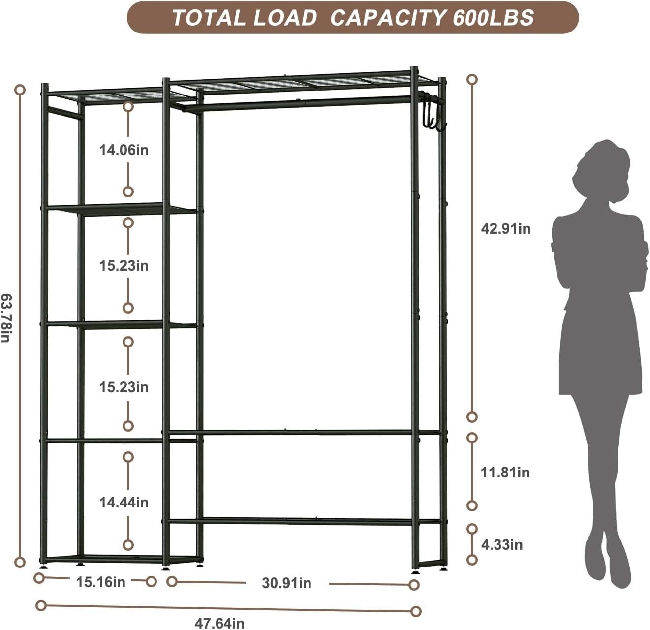 Heavy Duty Clothes Rail with Shelves & Hooks – Black 162cm