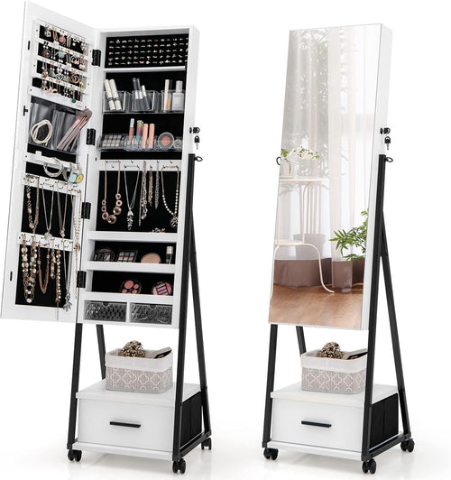 Rolling Jewelry Armoire with Full Length Mirror Lockable Cabinet White