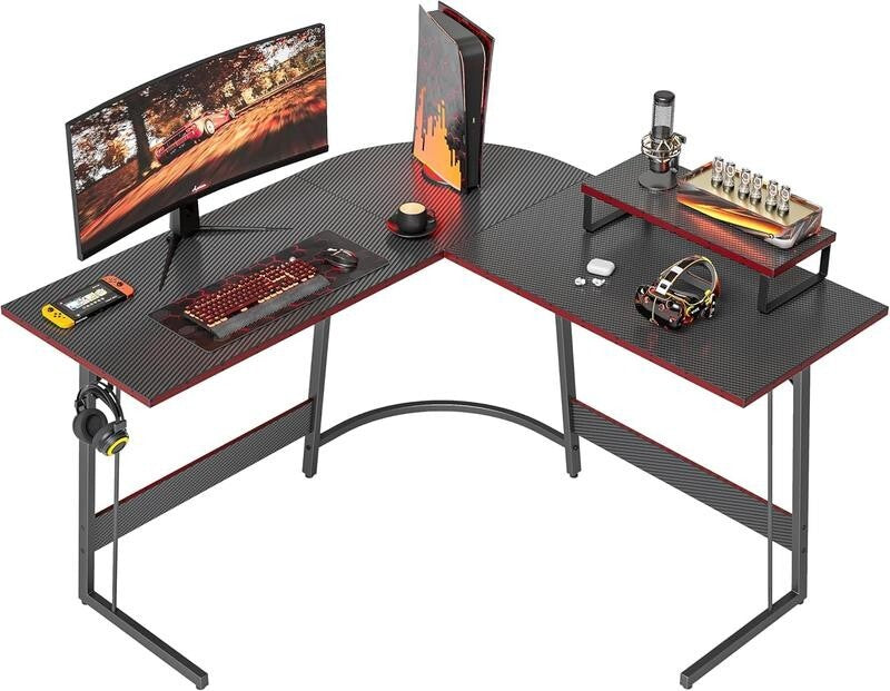 L-Shaped 120cm Gaming Desk with Monitor Stand & Headset Hook, Black Carbon