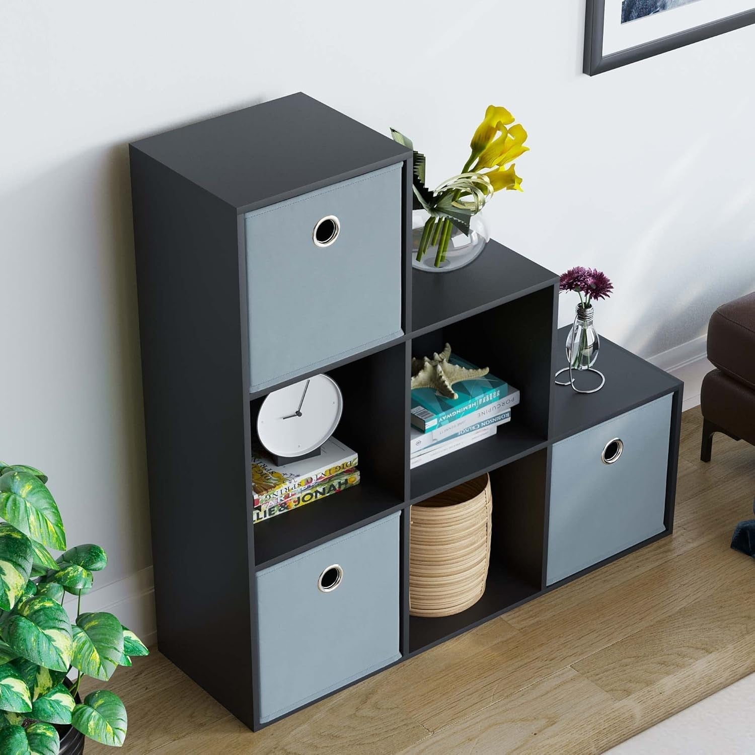 Black 6 Cube Staircase Shelf Unit with 3 Grey Storage Baskets – Modern Display