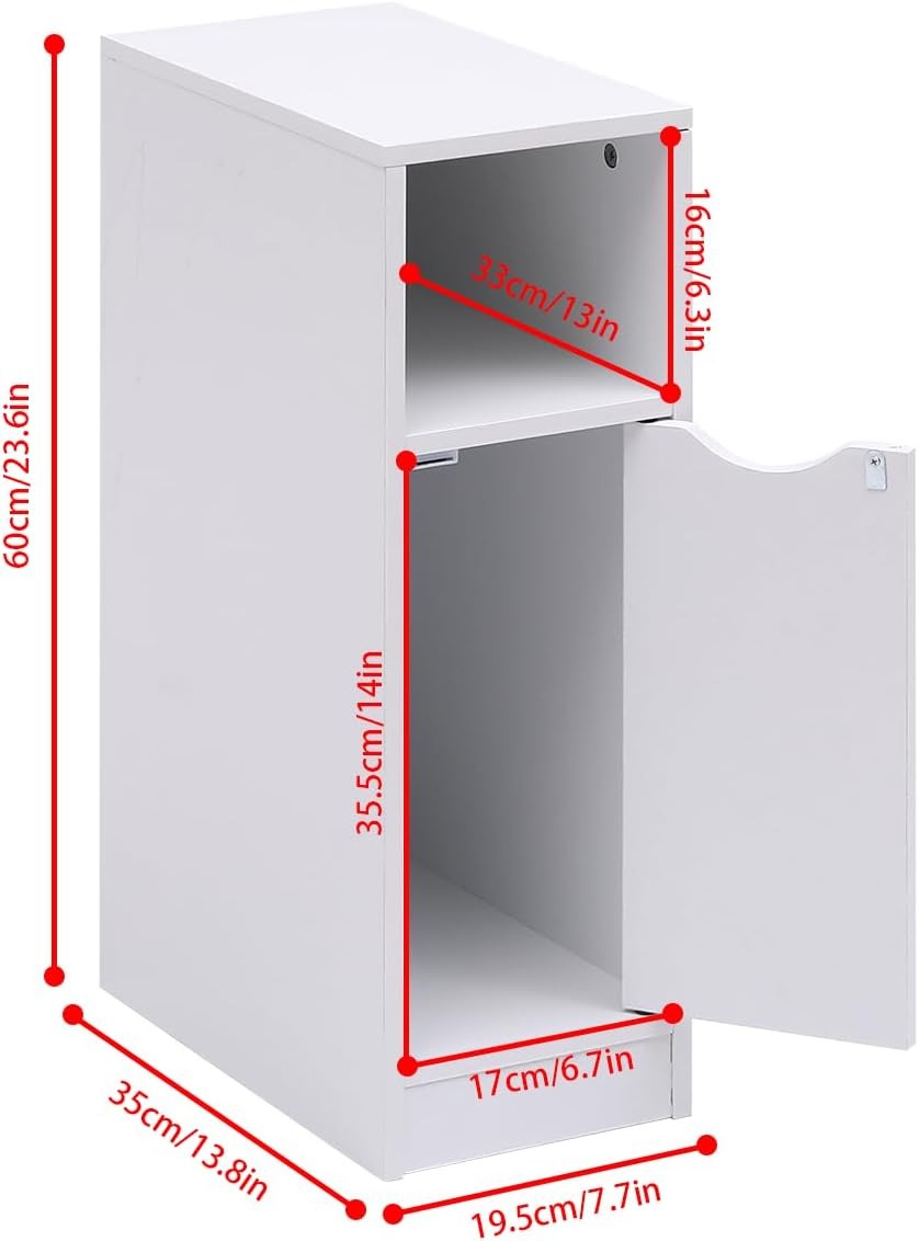 Slim White Bedside Table with Door & Shelf, Narrow Nightstand for Small Spaces