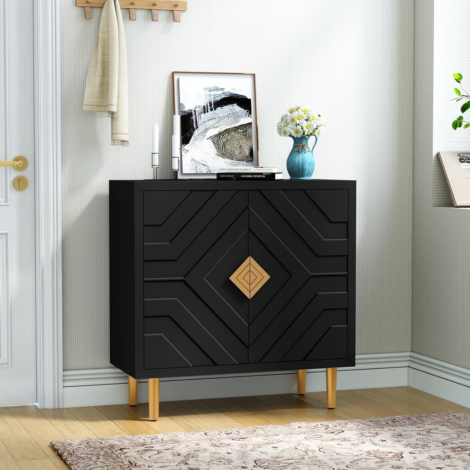 Modern 2-Door 3D Embossed Sideboard Cabinet Storage Unit Black Gold Legs