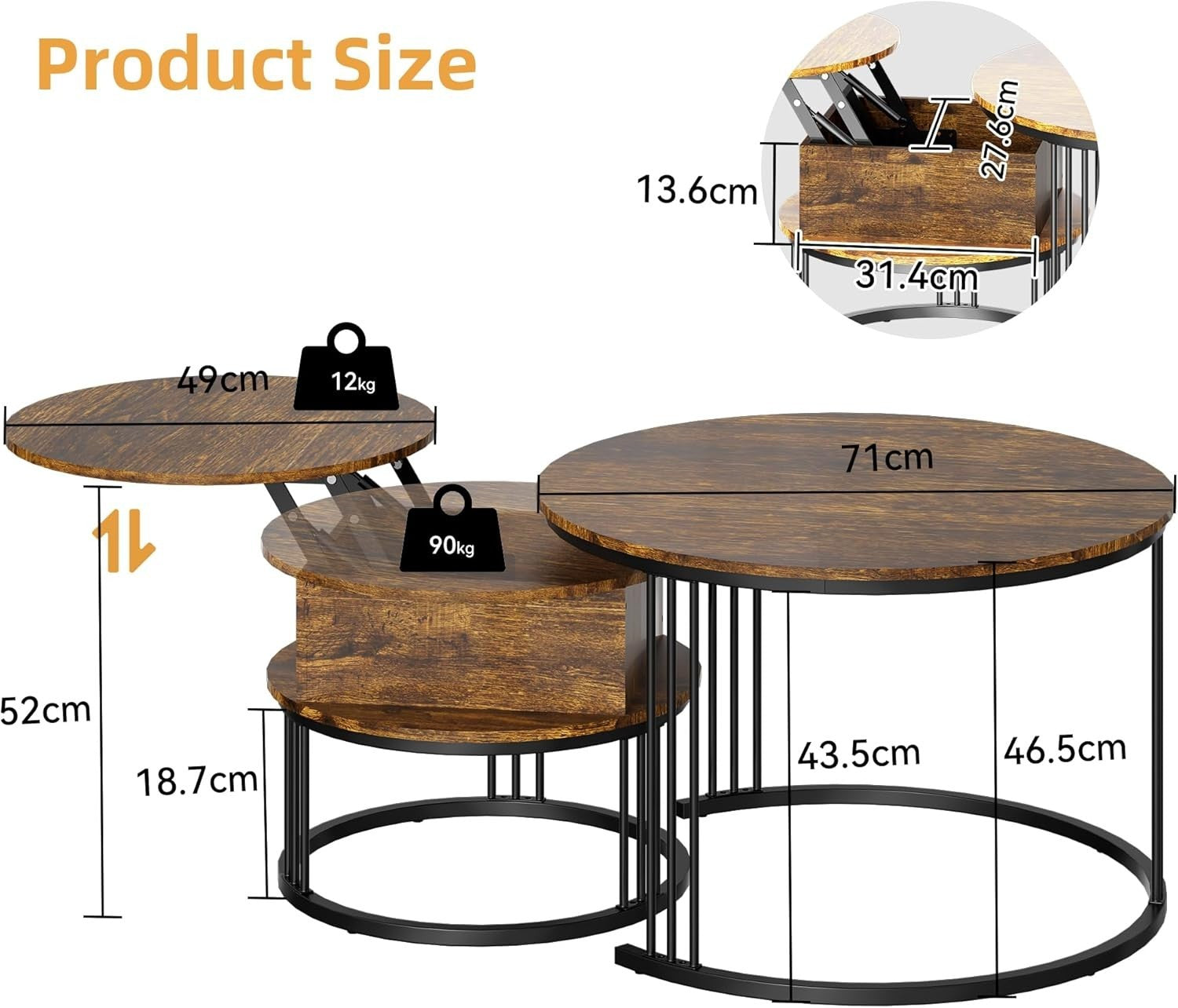 Round Nesting Coffee Table Set Lift Top Storage Wood Rustic Brown Easy Assembly