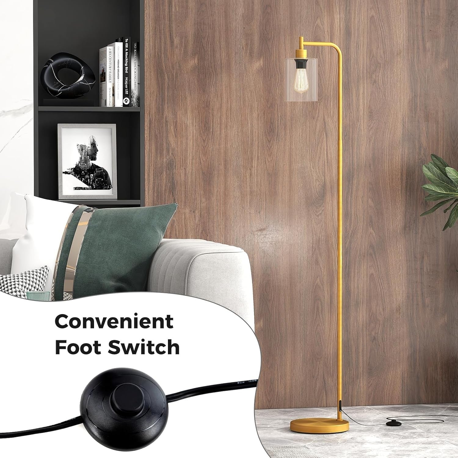 Gold Floor Lamp Hanging Glass Shade E27 Modern Standing Reading Light