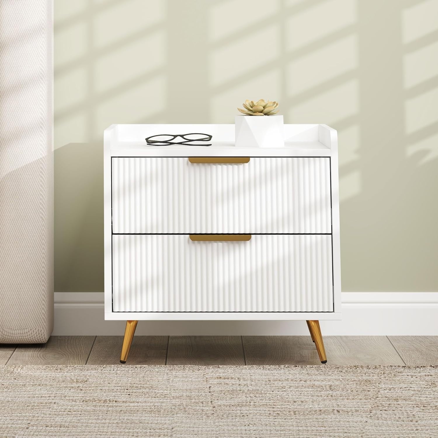 Modern White Bedside Table with 2 Drawers & Gold Metal Legs | Elegant Nightstand