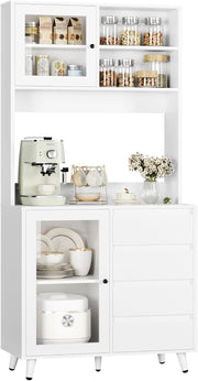 White Tall Kitchen Cupboard 180cm 2 Glass Doors 4 Drawers