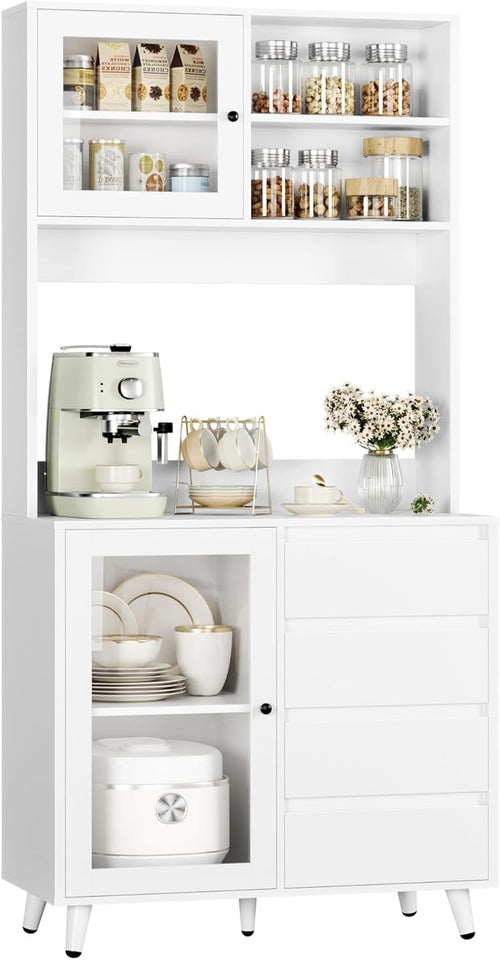 White Tall Kitchen Cupboard 180cm 2 Glass Doors 4 Drawers