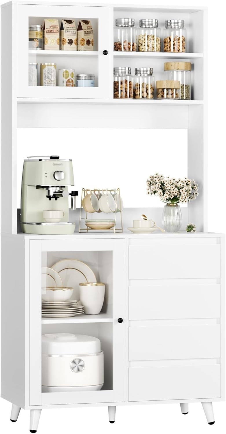 White Tall Kitchen Cupboard 180cm 2 Glass Doors 4 Drawers