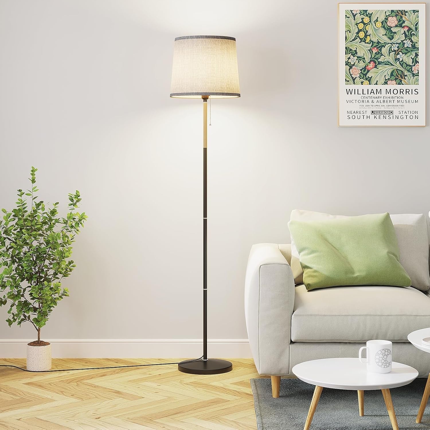 Floor Lamp Linen Shade Remote Control Dimmable Tall Standing Light Grey