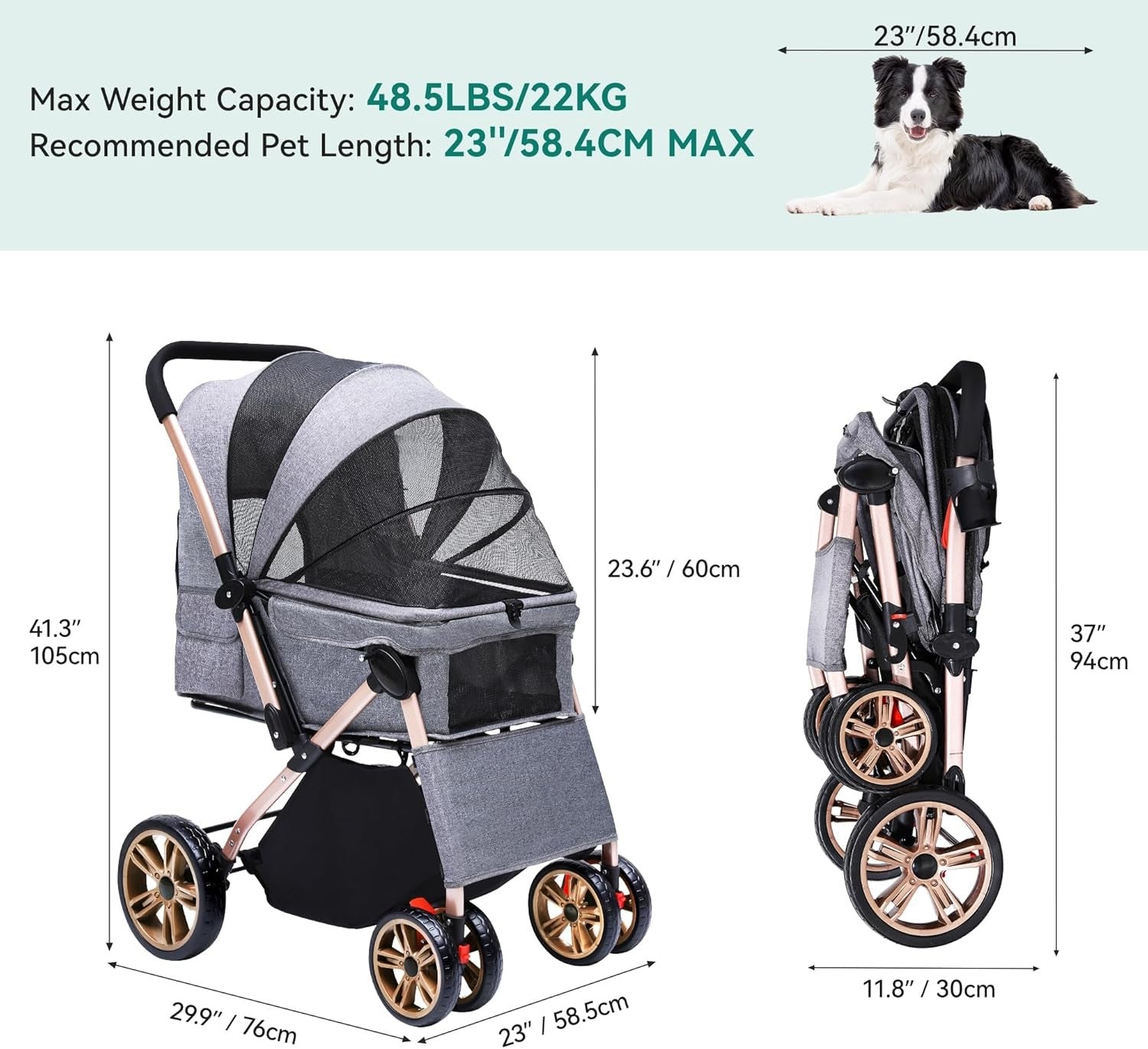 Dog Stroller Reversible Handle Foldable Pet Pushchair 4 Wheel Travel