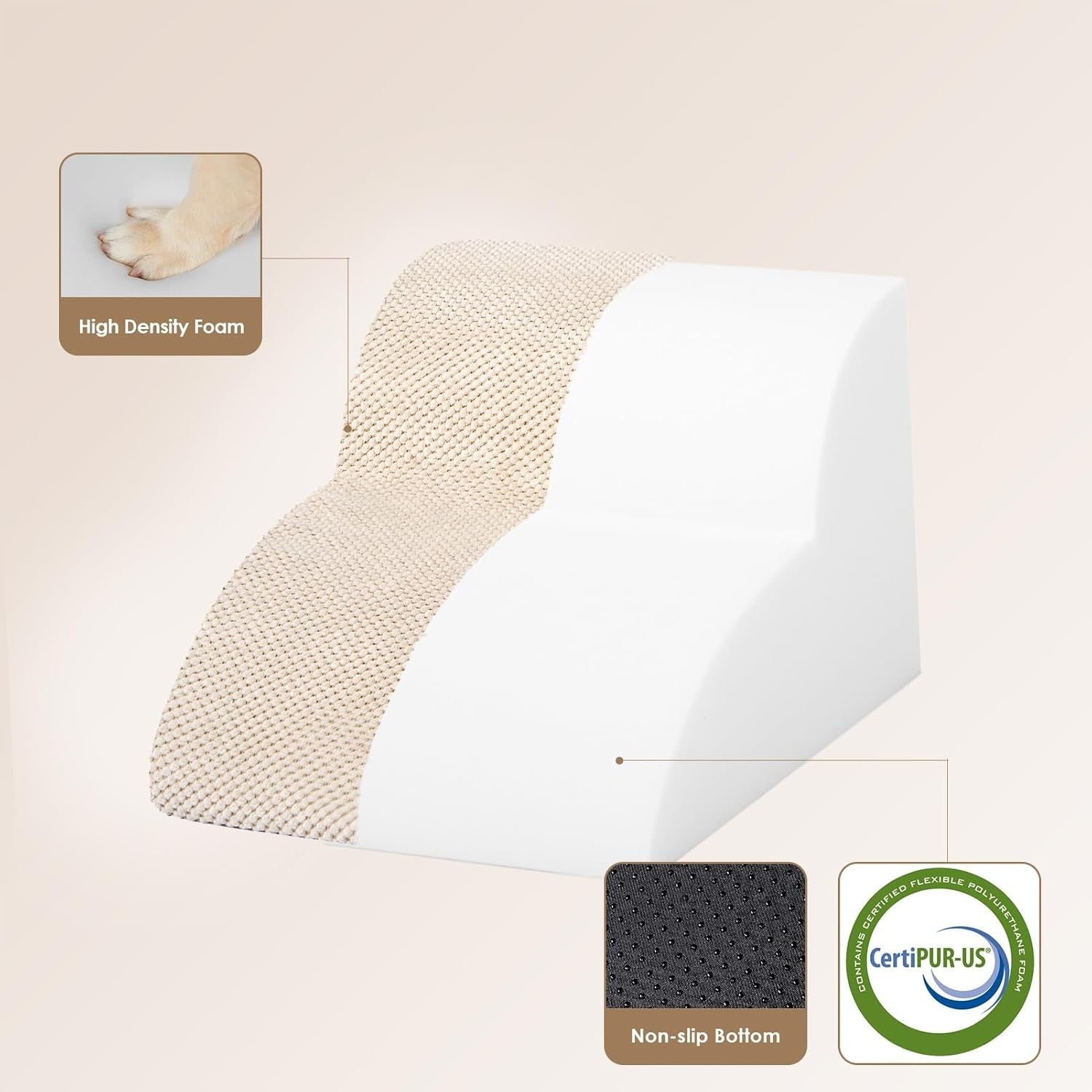 2 Step Dog Stairs for Sofa Non Slip Foam Pet Steps Washable Cream