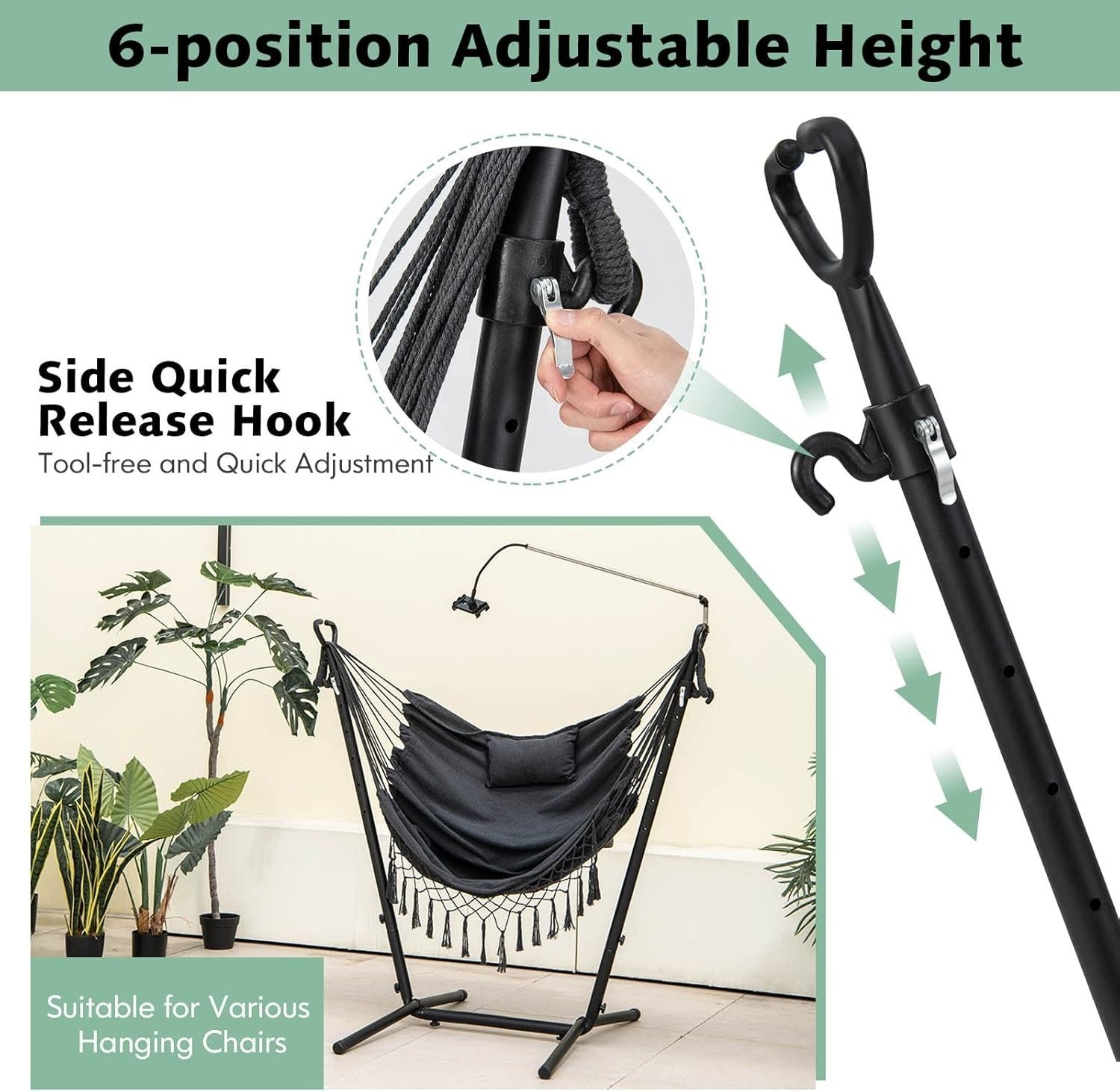 Adjustable Patio Hammock Chair with Stand & Phone Holder Soft Cotton Swing