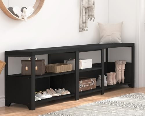 Black Entryway Storage Bench 145cm Shoe Rack Hallway Living Room Seat