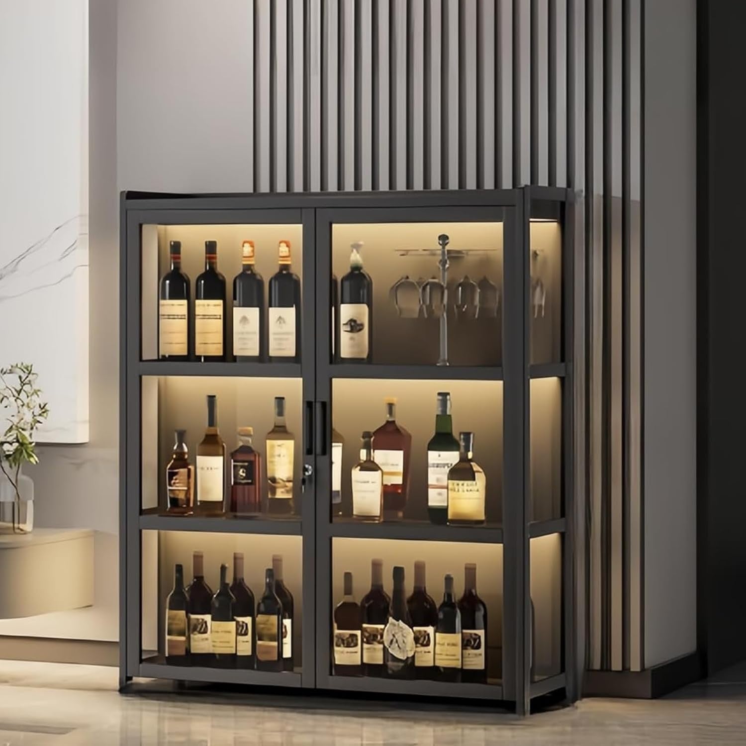 Tall LED Wine Cabinet Bar Display Storage Unit Free Standing Black 106cm