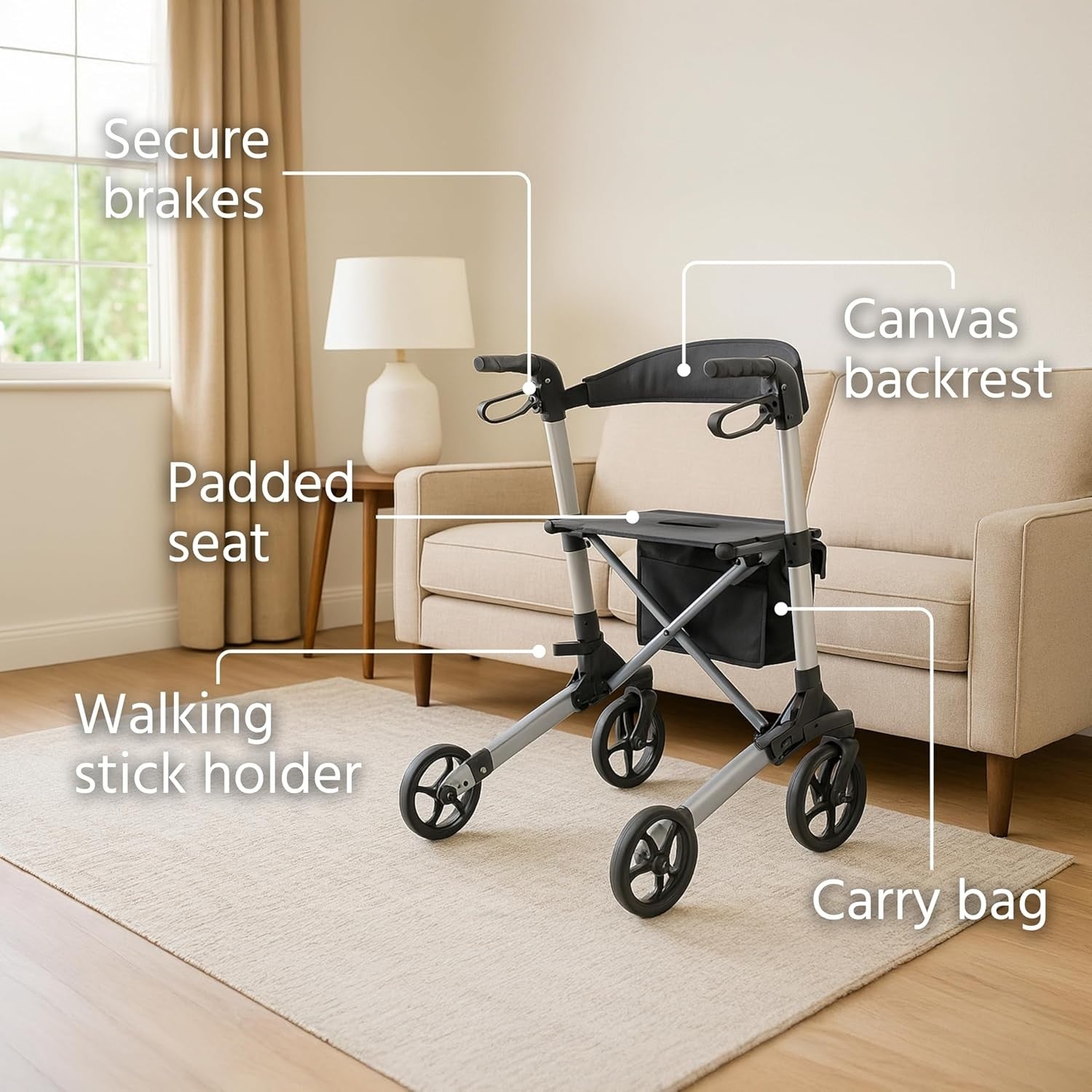 4 Wheel Rollator Walker with Seat Lightweight Folding Mobility Aid