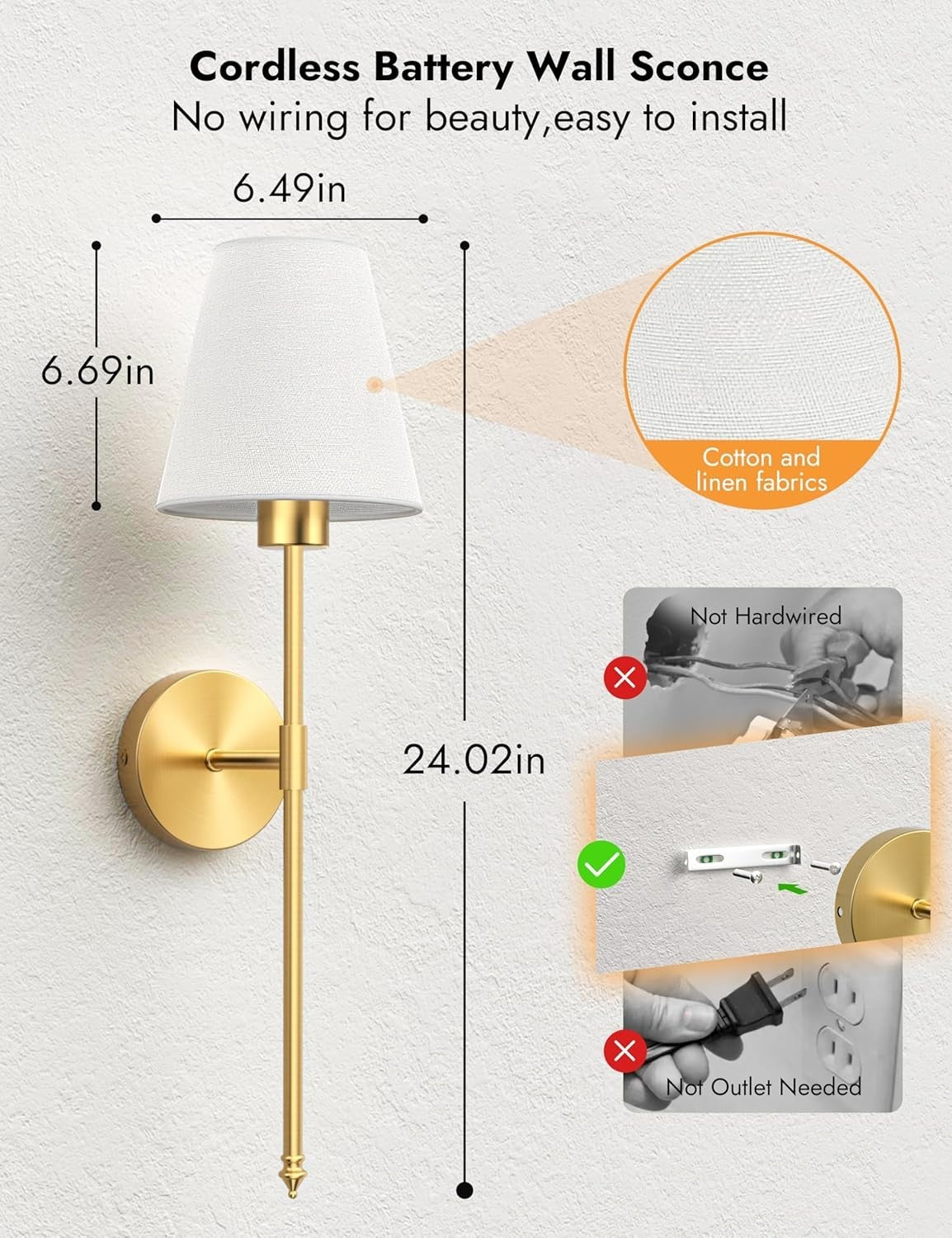 Wireless Rechargeable Wall Sconce Lights 5200mAh Battery Dimmer RGB