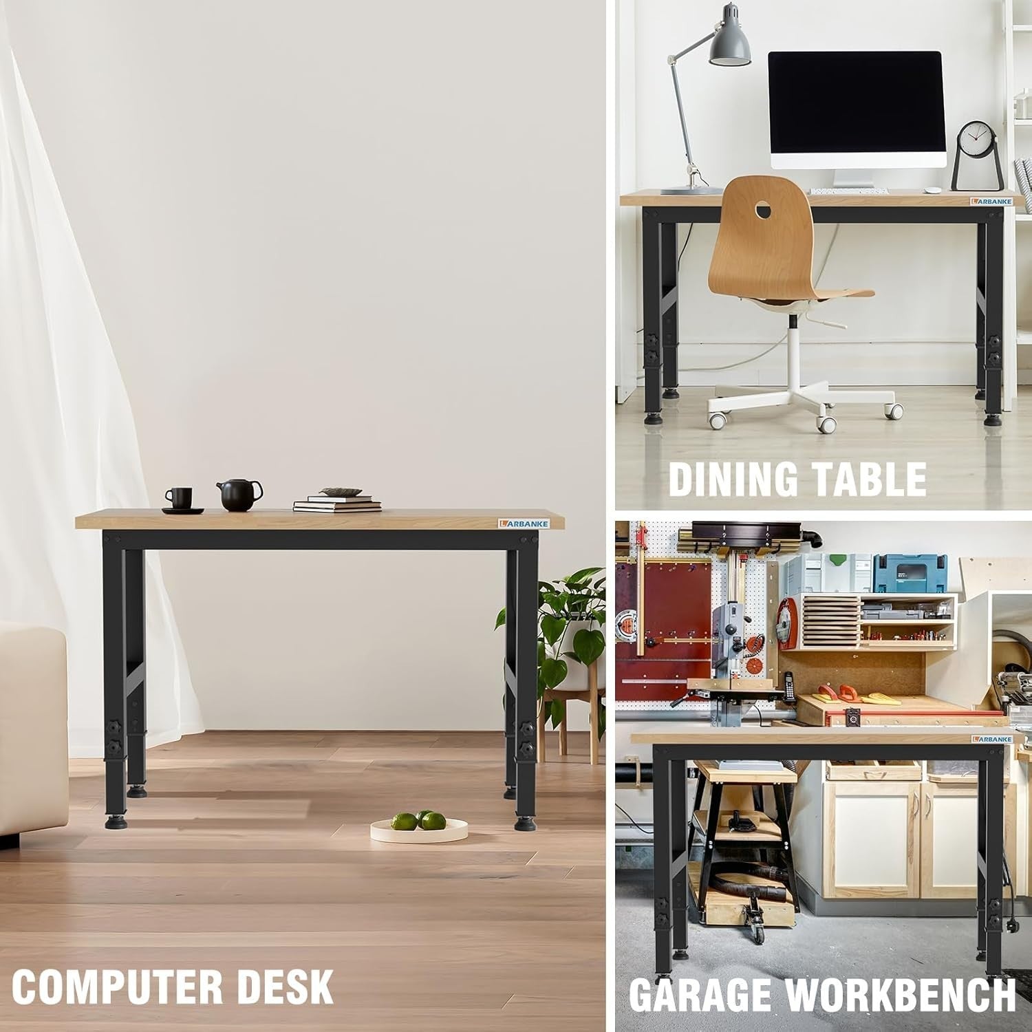 120cm Adjustable Workbench 900kg Heavy Duty Rubberwood Table with Power Panel