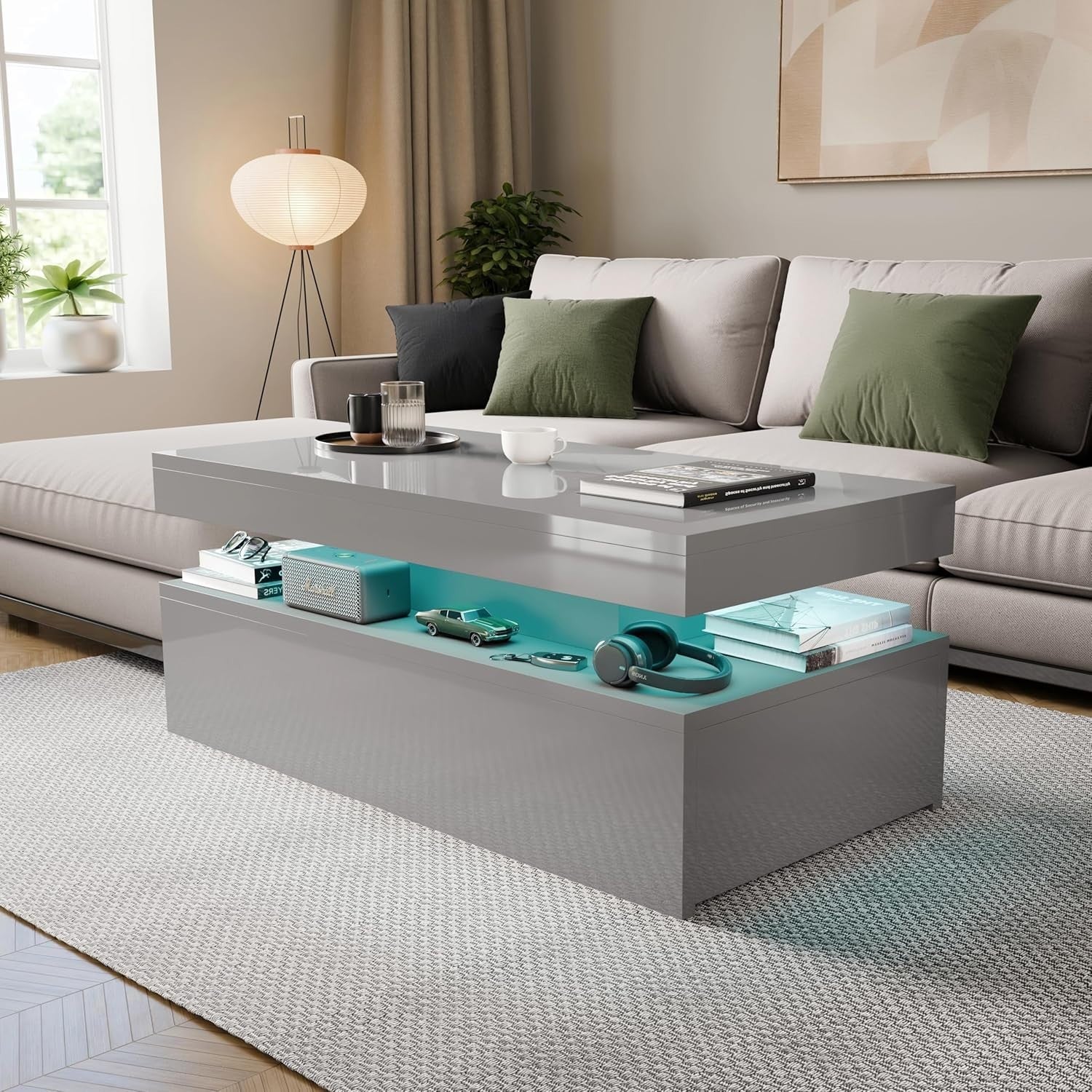 High Gloss Rectangle Coffee Table with 2 Drawers & RGB LED Lights 94x47x38cm