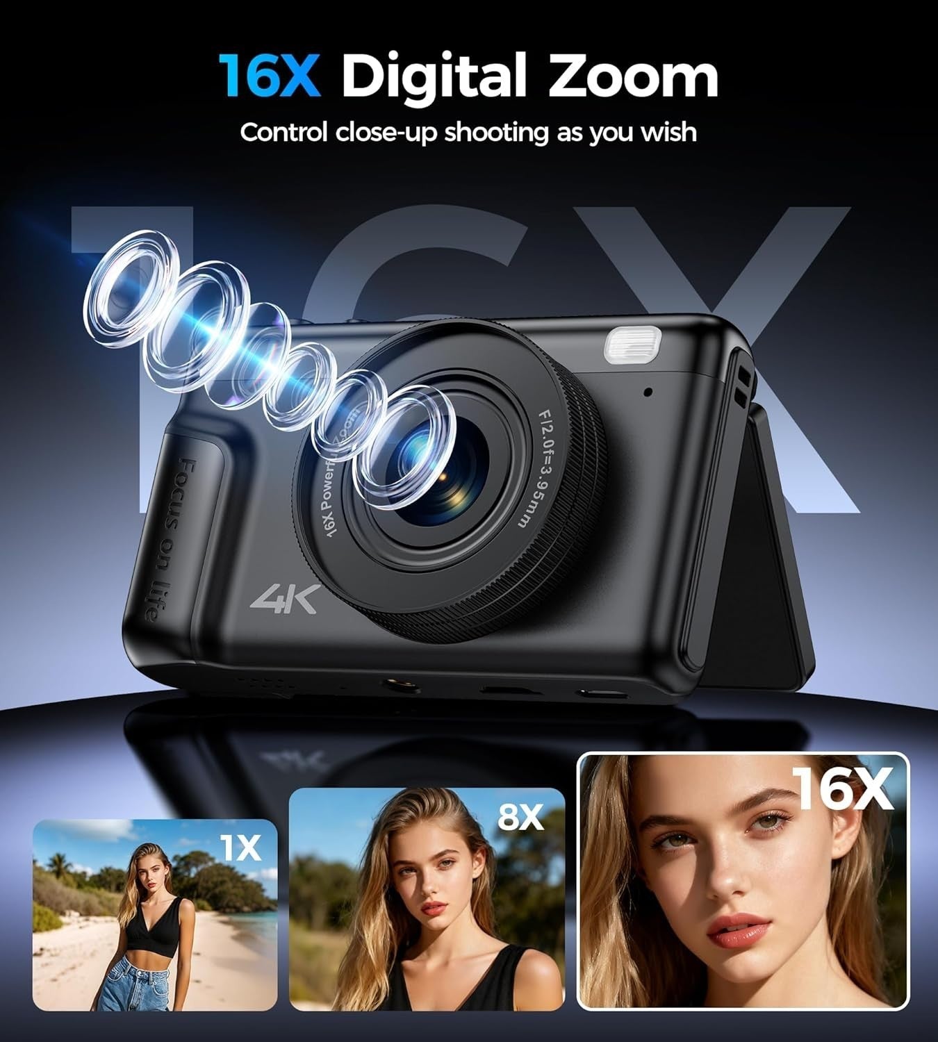 64MP 4K Compact Camera Flip Screen 16X Zoom Vlog Camera Bundle
