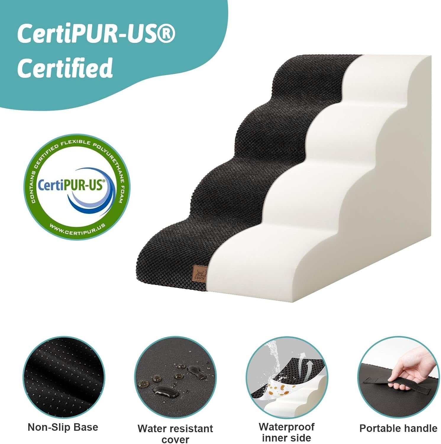 Dog Stairs 4 Step Foam Pet Ramp for Bed Sofa Leakproof Black