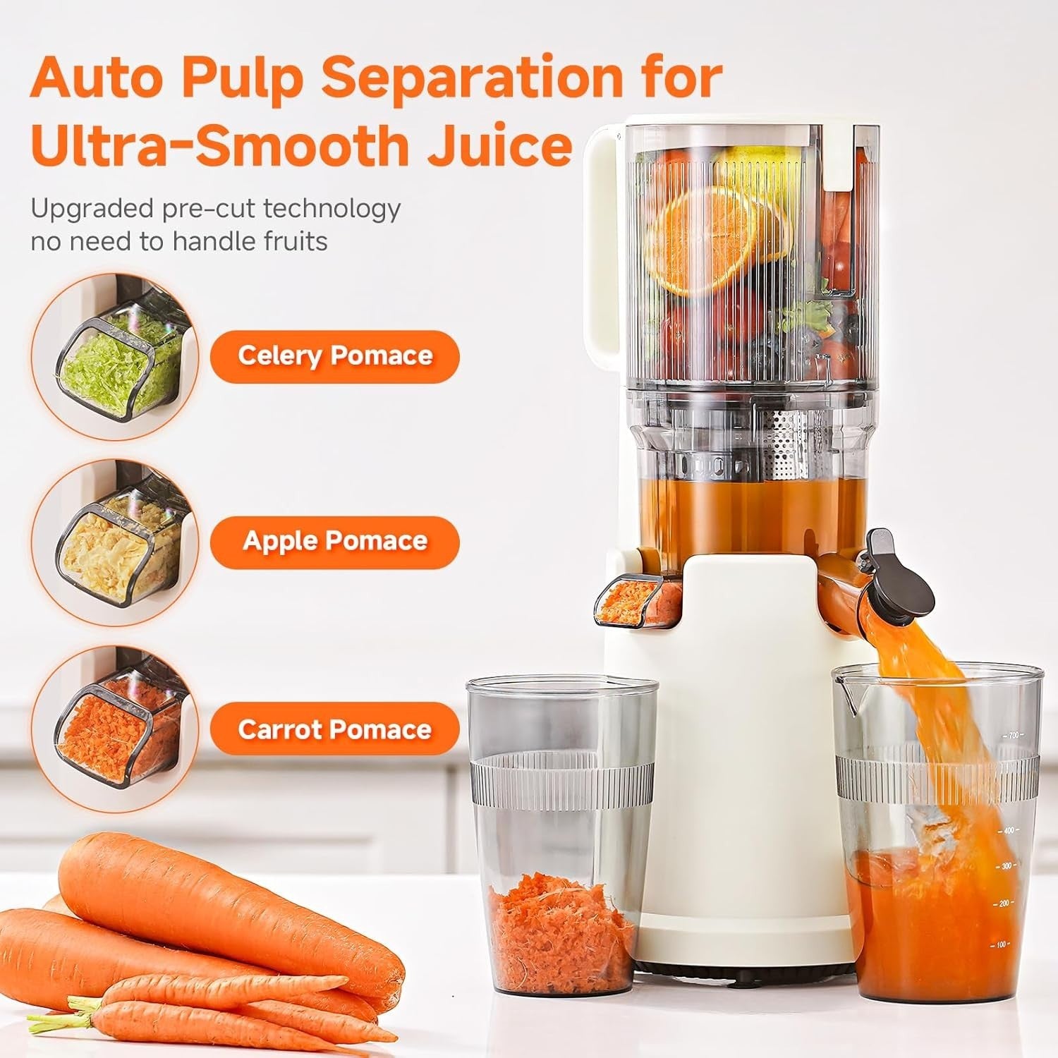 Cold Press Juicer 135mm Wide Chute Whole Fruit Slow 200W High Yield White
