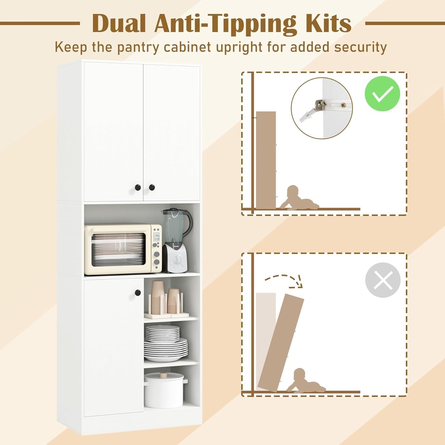 166cm Tall Kitchen Cupboard White 3 Doors Open Shelves Anti-Tip