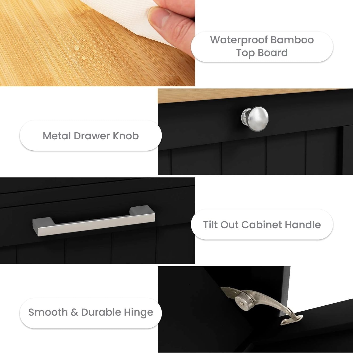 30L Black Tilt-Out Laundry Cabinet With Drawer Bamboo Top Modern Storage