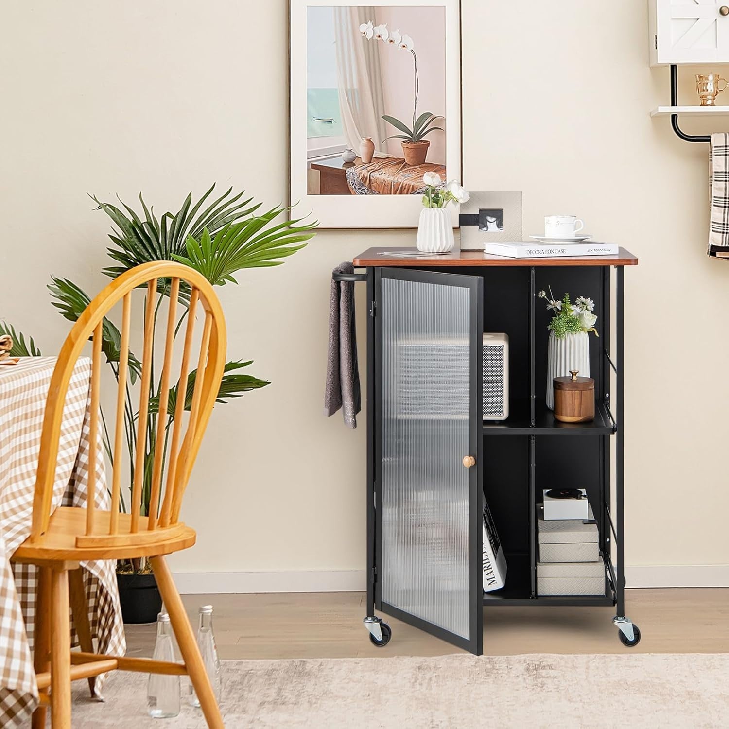 Rolling Kitchen Trolley Cart Wooden Top Cabinet Shelves