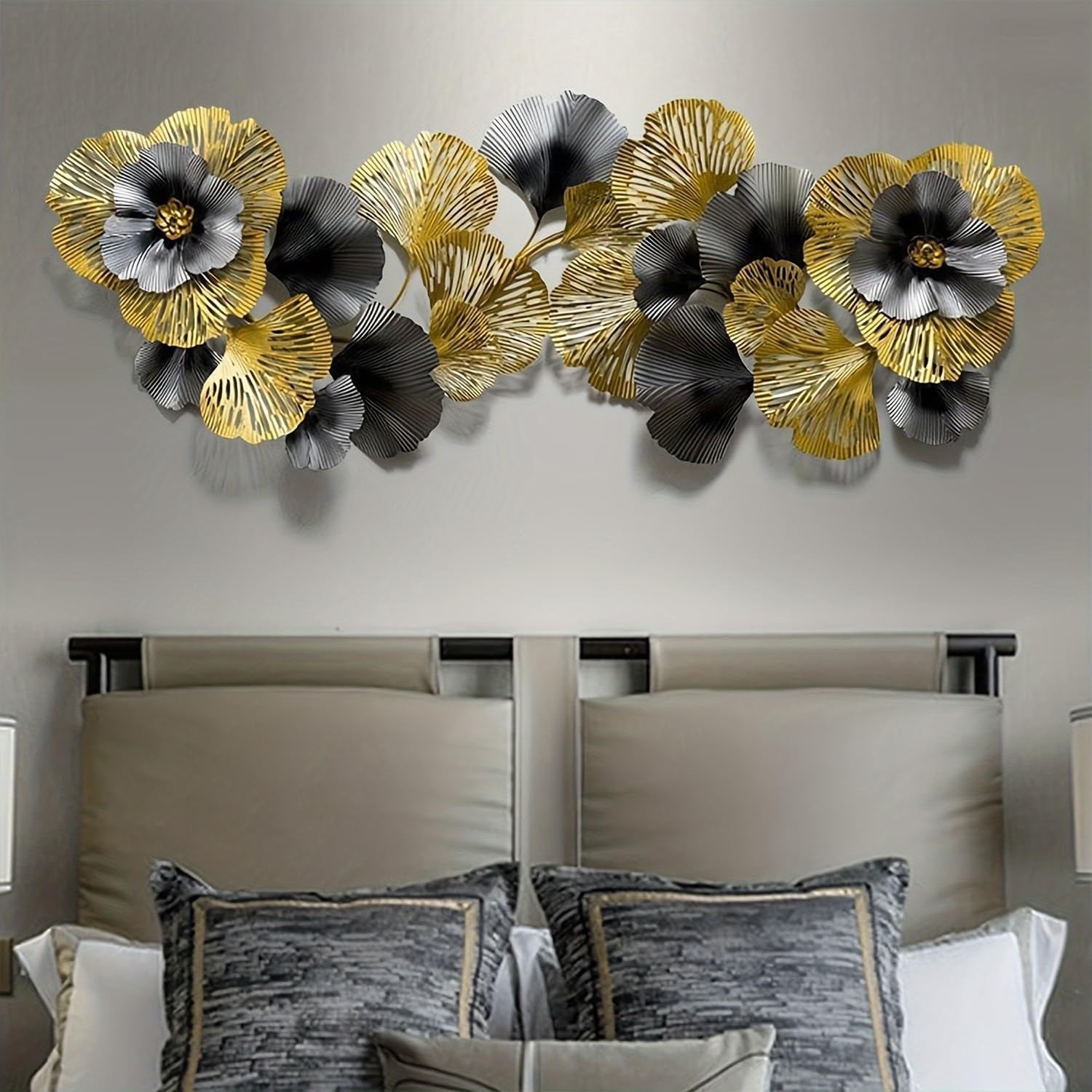 Extra Large Metal Flower Wall Art 145x55cm Black Gold Decor