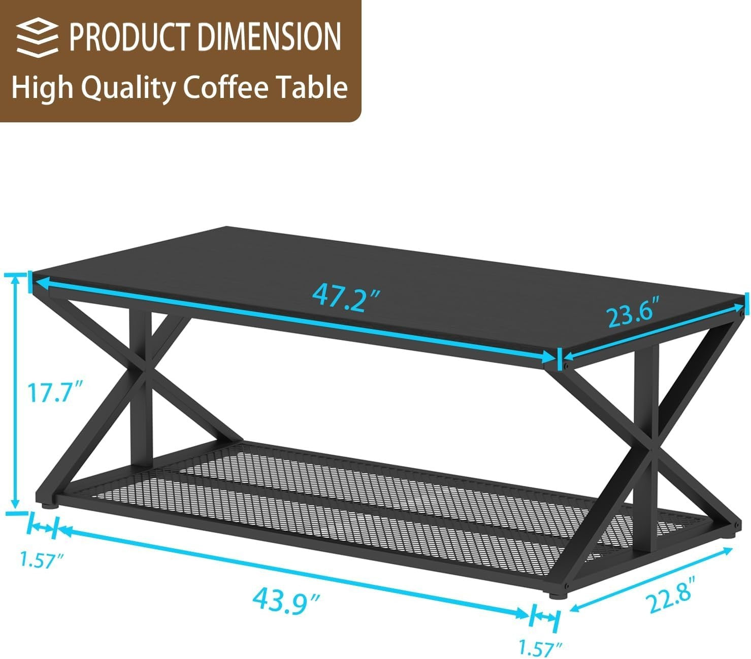 Modern Black Coffee Table with Storage Shelf – Industrial Metal Frame 120cm