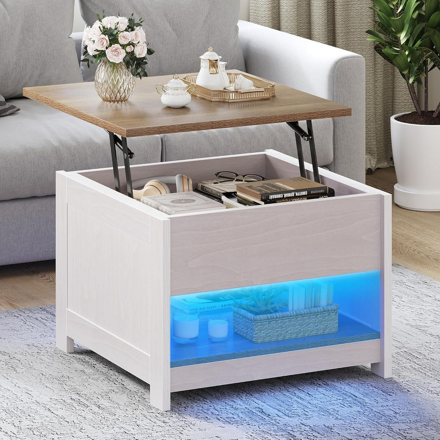 Lift Top Modern Rustic Coffee Table with Storage & LED Lights 60x60cm