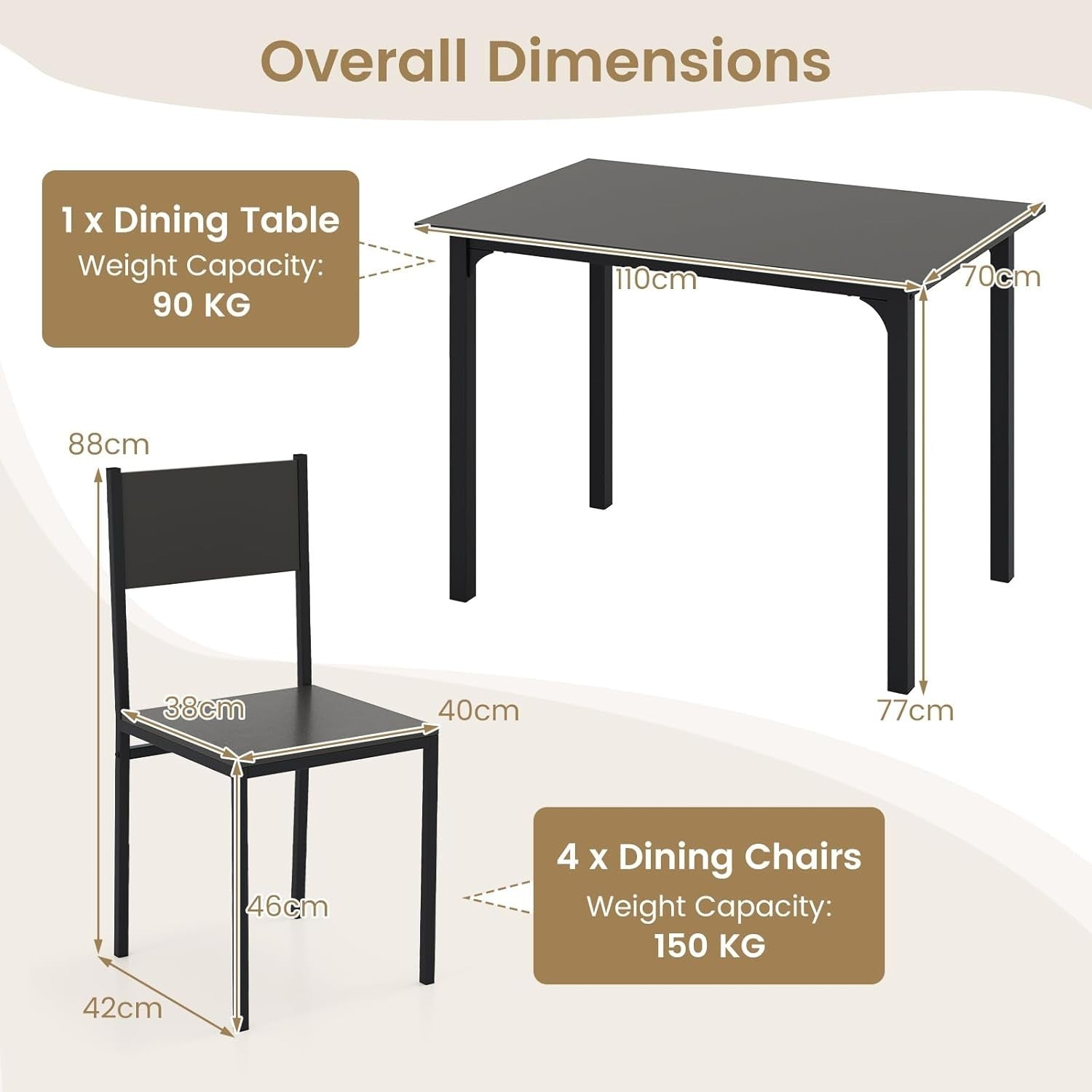 4 Seater Dining Table Set Space Saving Metal Frame Kitchen Room Black