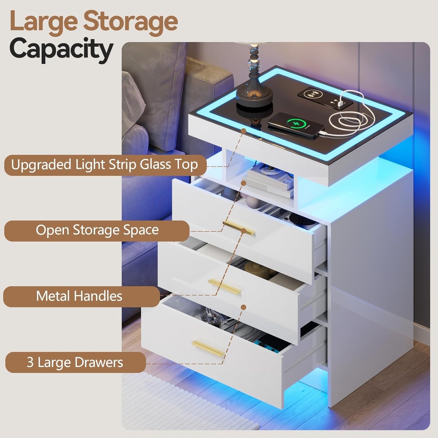 White LED Bedside Table with Wireless Charging, Glass Top & 3 Drawer Storage