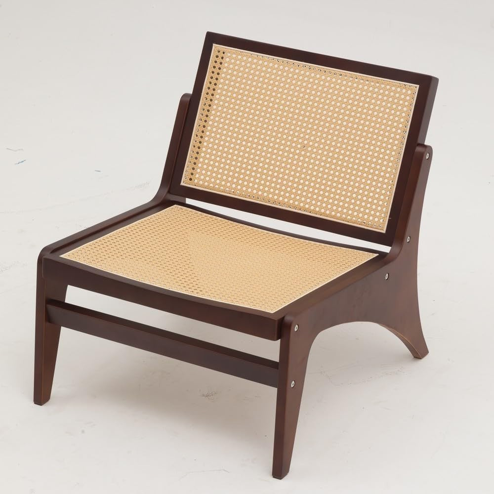 Walnut Rattan Accent Lounge Chair Wooden Frame Mid Century Armchair