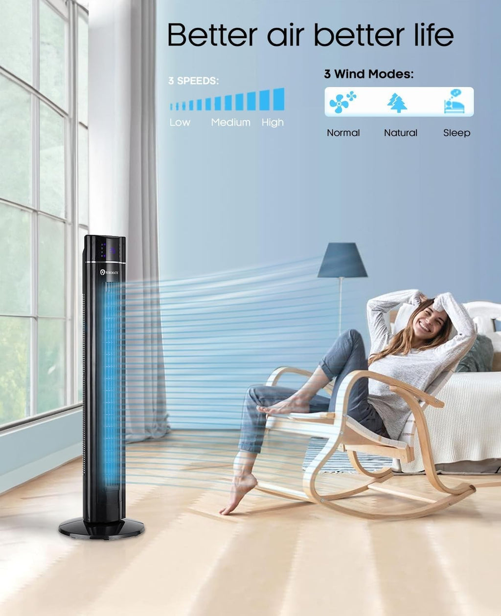 43" Bladeless Tower Fan with Remote Air Purifier Aroma 3-Speed Oscillating Quiet