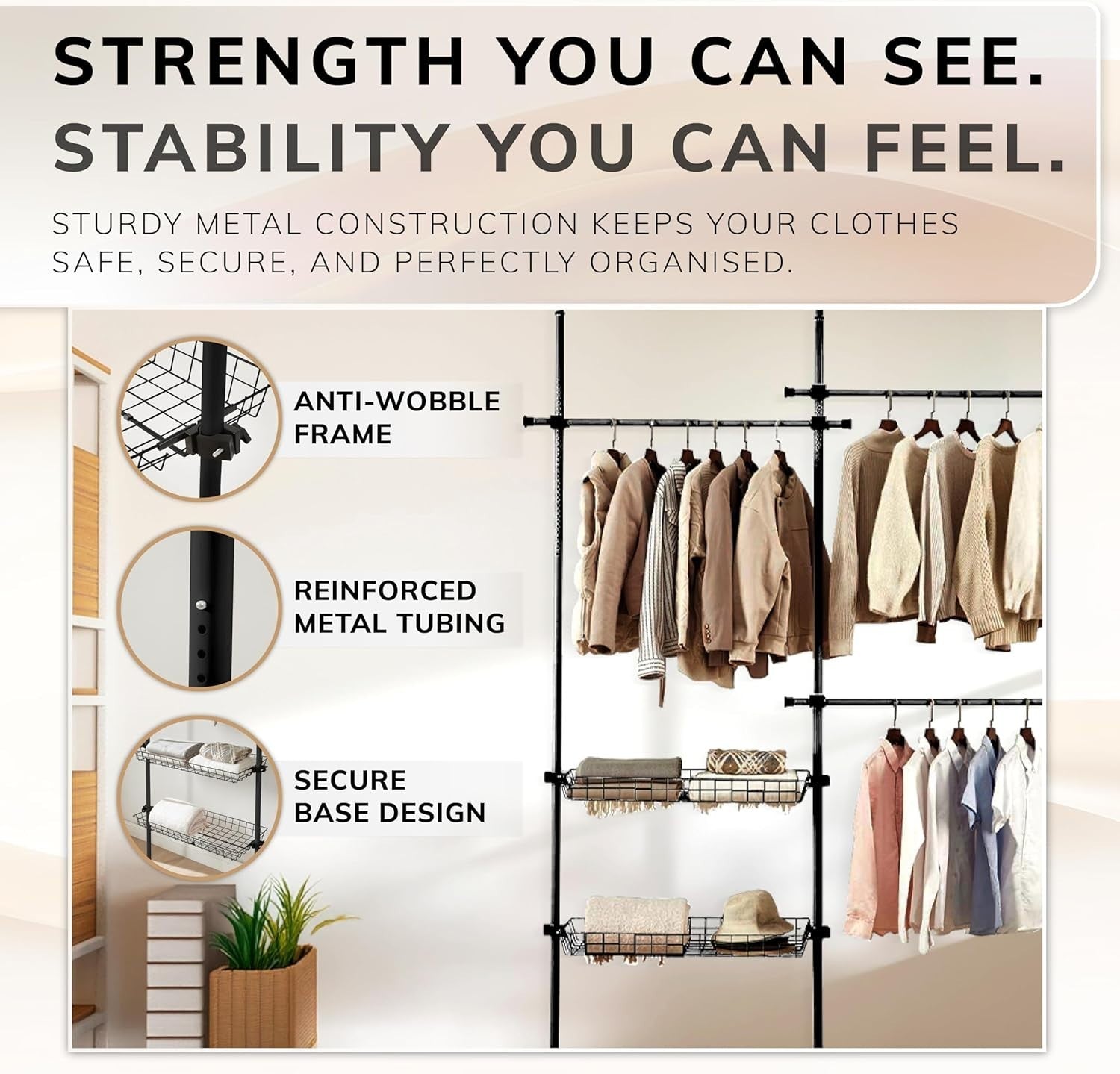 Telescopic 2-Tier Clothes Rail Wardrobe Organiser Black