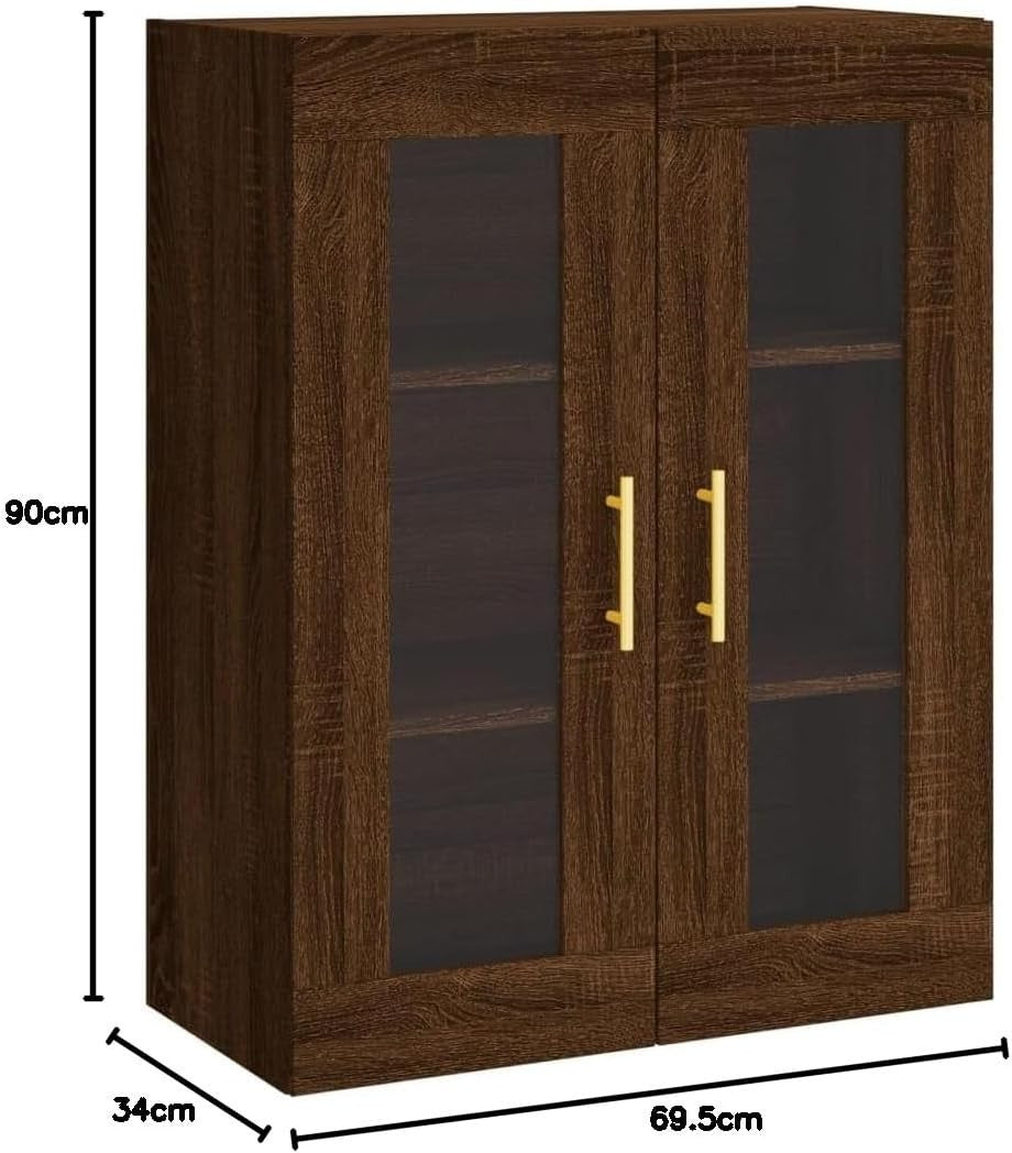 Modern Brown Oak Wall Mounted Storage Cabinet with Glass & Gold Handles