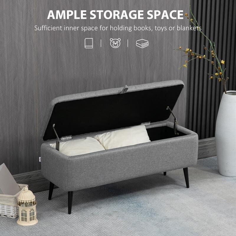 Grey Storage Ottoman Bench Flip Top Upholstered Seat Linen Fabric 102cm
