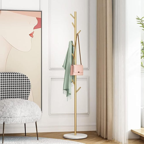 Gold Metal Coat Rack with Marble Base | Freestanding Hall Tree for Coats, Hats