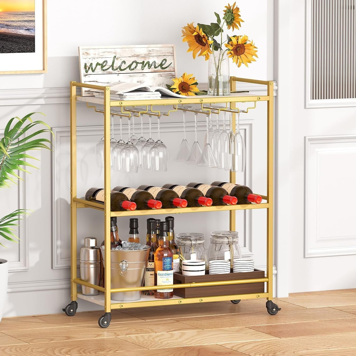 Gold 3 Tier Bar Cart with Wine Rack & Glass Holder | Drinks Trolley on Wheels