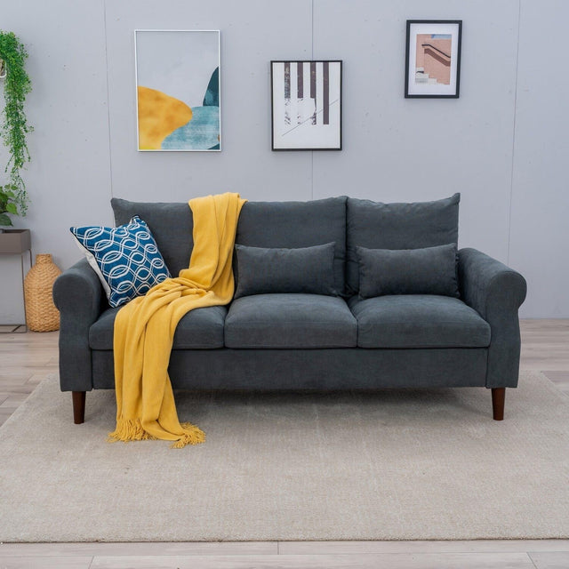 3 Seater Grey Linen Sofa Couch | Modern Fabric Settee Wood Legs