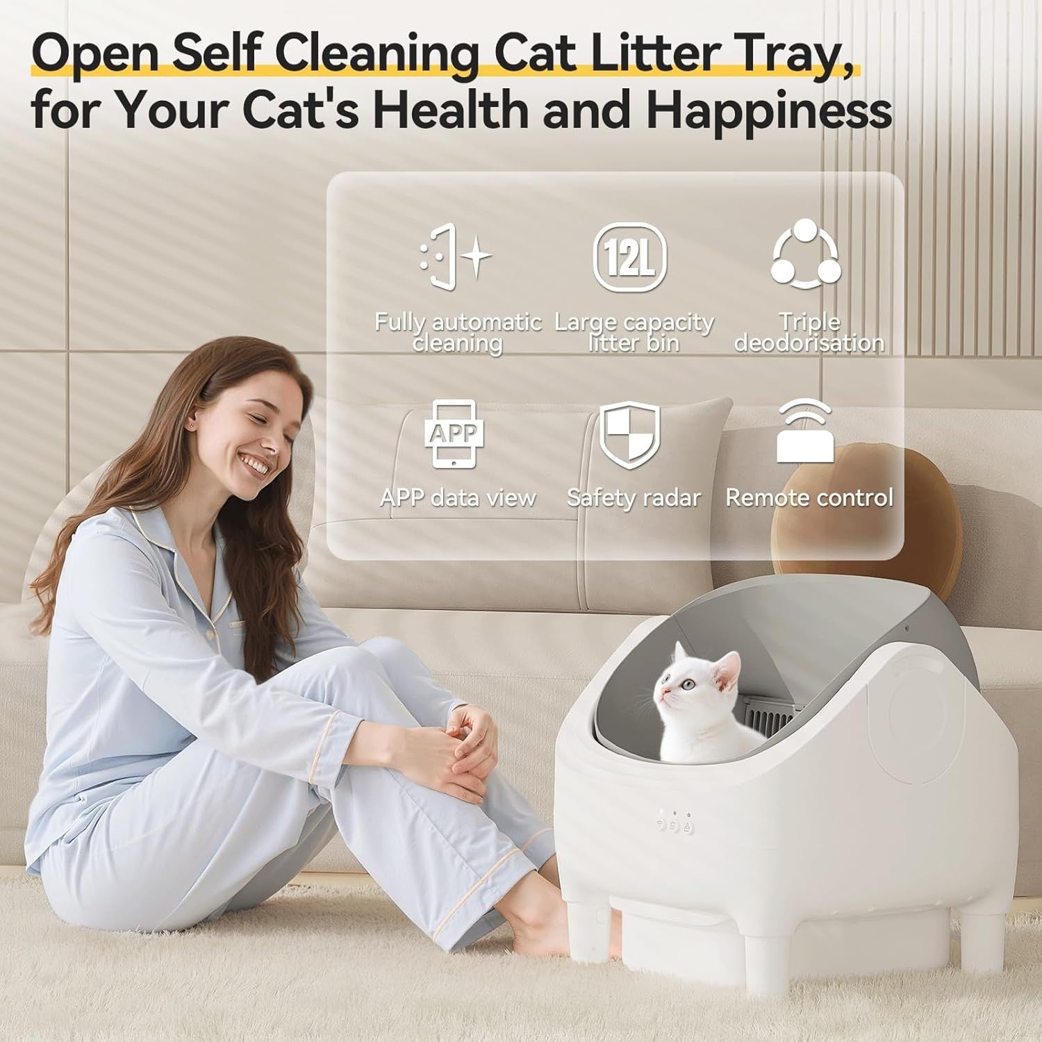 Self Cleaning Cat Litter Box App Control XL Auto Tray 15 Day Capacity